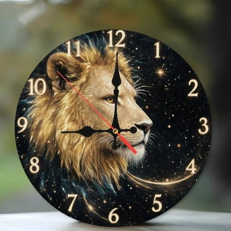 10-Inch Silent Wooden Wall Clock, Golden Lion Galaxy Clock Wall Decor Art Silent Non-Ticking Clock, Battery Operated (AA Batteries Not Included), Artistic Home Decor