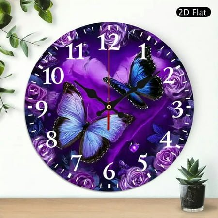 10 inch Wooden Wall Clock, butterflies purple heart roses Print, Wall hanging decor Wall art Decor - Perfect for Living Room, Dorm, Bedroom, Kitchen, Home Office & More, Wall Clock Living Room