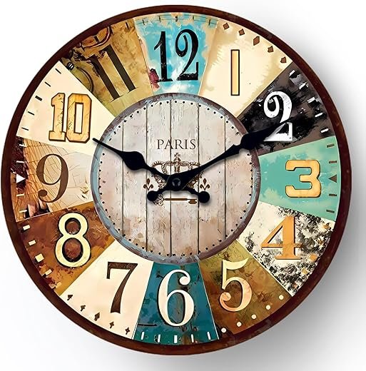 12-inch Wall Clock Vintage Paris Wall Clock, 12-inch Round, Rustic French Style, Multi-Color Numbers