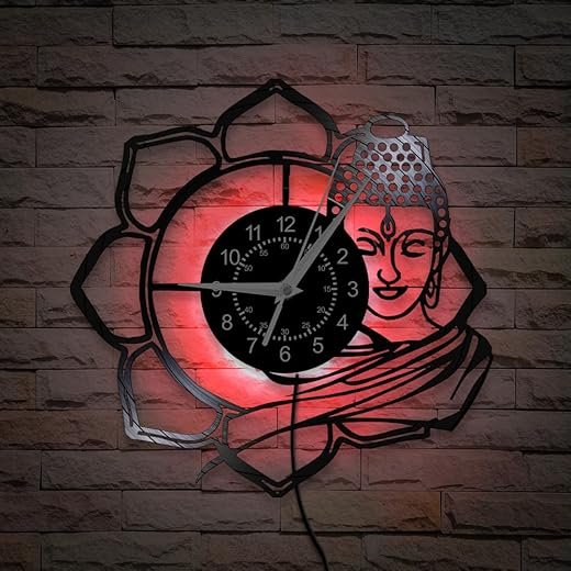 12 Inch Buddha Lotus Wall Clock 7 Kinds of LED Color, Buddhism Mandala Meditation Flower Clock Vintage Silent Non Ticking LED Night Light Vinyl Wall Clock for Yoga Studio Bedroom Zen Decor