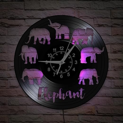 12 Inch Elephant Wall Clock 7 Color Changing, African Animal Vinyl Record Wall Clock Vintage Decorative LED Night Light Wall Watch Clock for Man Cave Bedroom Living Room Kitchen Elephant Room