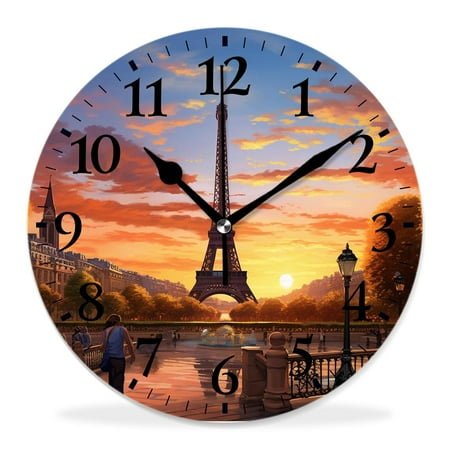 12 Inch Wall Clock Battery Operated Silent Clock Decorative for Office, Kitchen, Outdoor, Living Room，Eiffel Tower Landmark Sunrise with Clouds on Horizon Park Sun Beautiful