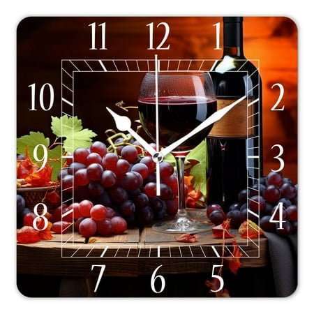 12 Inch Wall Clock Battery Operated Square Clock Decorative for Office, Kitchen, Outdoor, Living Room,Delicious Red Wine with Grape on Wooden Table Lovely Design
