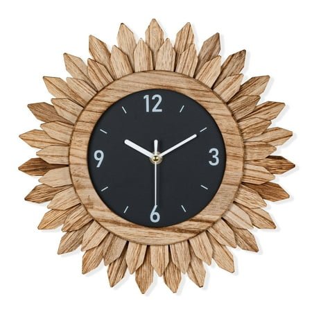 12 In Rustic Wood Boho Sunburst Decorative Wall Clock Silent Non Ticking Farmhouse Small Wall Clocks for Living Room Kitchen Bedroom Decor (Rustic Brown)