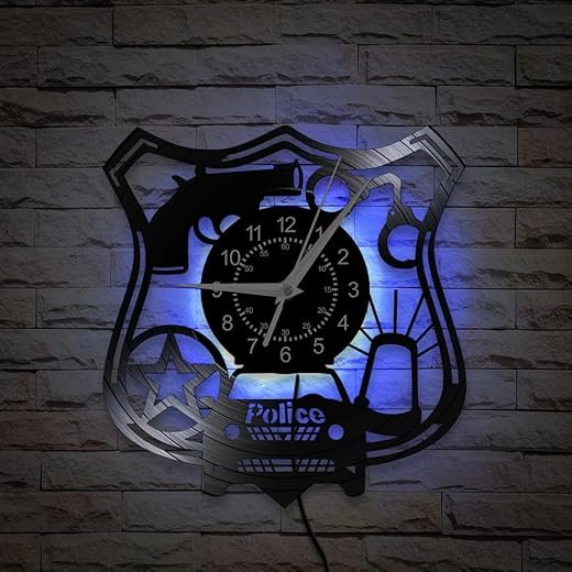 12'' Policeman Cop Wall Clock, 7 Kinds of LED Color Police Office Wall Clock Night Light Wall Watch Clock Silent Non Ticking Great for Police Department Police Station Police Retirement Gifts