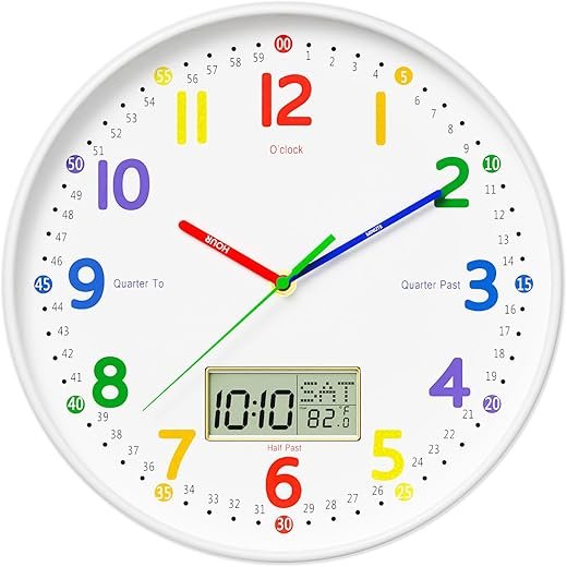12 Silent Teaching Wall Clock with LCD Date Weekday Temperature Display – Tempered Glass, Non-Ticking Battery Operated Learning Clock for Kids Room, Classroom, Home Decor