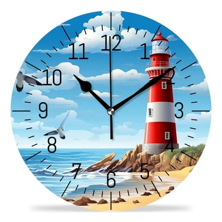 14 Inch Wall Clock Battery Operated Silent Clock Decorative for Office, Kitchen, Outdoor, Living Room，Cartoon Lighthouse on The Beach