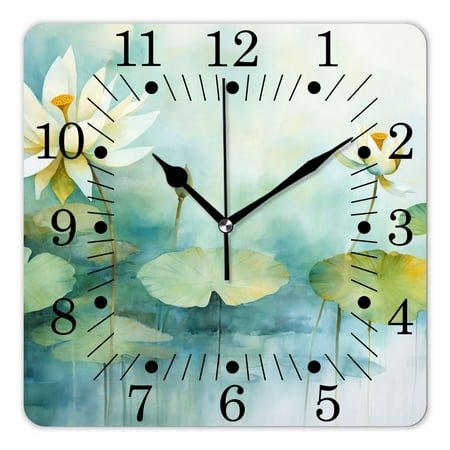 14 Inch Wall Clock Battery Operated Square Clock for Office, Kitchen, Outdoor, Living Room,Floral Water Lily Dragonfly Painting In Aqua Blue Abstract Style