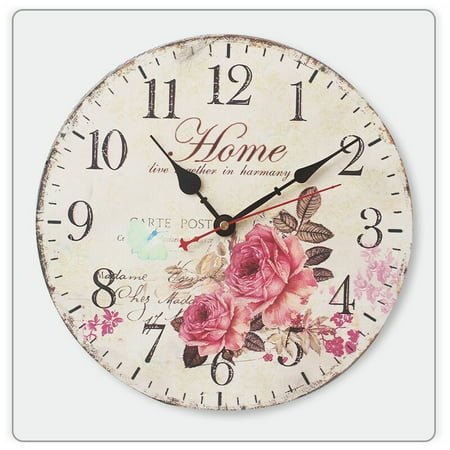 14 Vintage French Wall Clock Beautiful Rose Floral Pattern Wall Clock Roman Numerals Battery Operated Wooden Quartz Wall Clock (1)