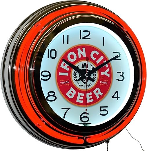15 Iron City The Beer Drinker's Beer Double Neon Clock Man Cave Decor (Red)
