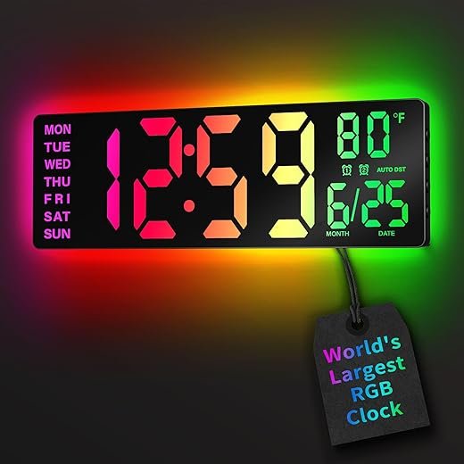 16.5 Large Digital Wall Clock with BT Sync, RGB Lights with 11 Scenes Mode Remote Control, Dual Alarms with Big LED Display, Auto DST, Temperature for Classroom Gaming