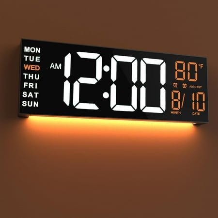 16 Digital Wall Clock, Large Display LED Digital Clock with Remote Control, for Living Room Decor, Automatic Brightness Dimmer with Date Week Temperature Alarm clock Timer (Orange)