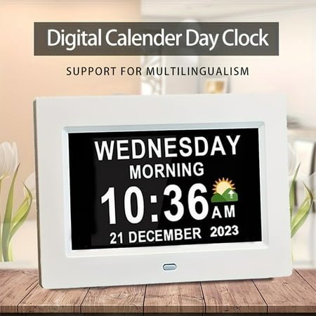 1pc Digital Calendar Day Alarm Clock, Photo Frame Media Player Auto Dimmable and Sun Moon Icons, 4 Alarm Options 7 Inch Large Analog Wall Clock with Remote Control for Elderly Dementia Alzheimers