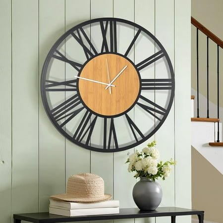 24'' Extra Large Farmhouse Wall Clock, Vintage Wall Clock with Metal Frame for Living Room, Dining Room, Bedroom, Office Decor. (Wooden Centre)