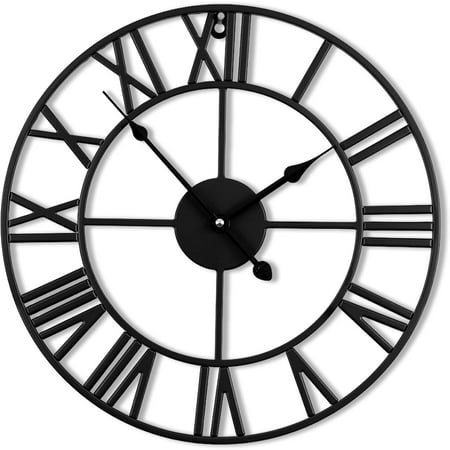24inch/60cm Large Wall Clock for Living Room Decor,Vintage Modern Round Silent Non Ticking Black Clocks for Home Garden Office Cafe Decoration(Iron Roman Numerals, 24 inches)