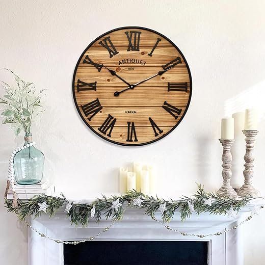 24 Inch Farmhouse Wall Clock - Antique Rustic Wood Finish, Silent Battery-Operated Timepiece with Stylish Decor for Home, Office, Kitchen, Bedroom & Living Room
