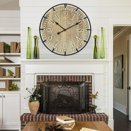 24 Inch Large Farmhouse Wall Clock - Rustic Antique Wood, Silent Battery Operated Clock for Office Kitchen Bedroom Living Room