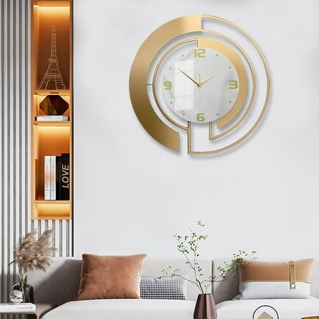 24 inch Luxury Gold & White Metal Wall Clock - Marble Pattern Silent Quartz Clock, Modern Art Hollow Large Size Decorative Wall Clock for Living Room / Bedroom (No Battery)