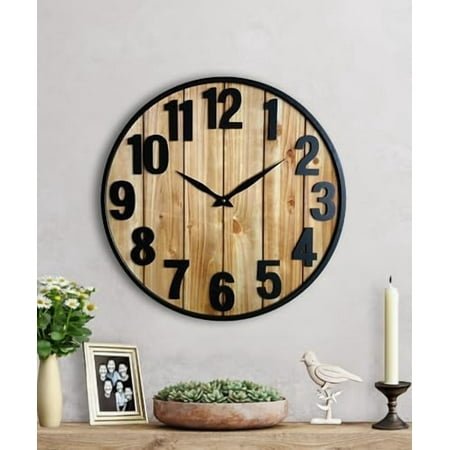 24 Inch Wooden Farmhouse Wall Clock Large, Extra Large for Living Room Decor - Big Oversized Rustic Round Decorative Clocks for Walls, Battery Operated