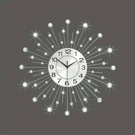 24” Large Silent Wall Clock - Minimalist Modern Design, Non-Ticking, Easy Read Wrought Iron for Living Room, Kitchen, Bedroom, Bathroom - Silver Crystal Metal Decor