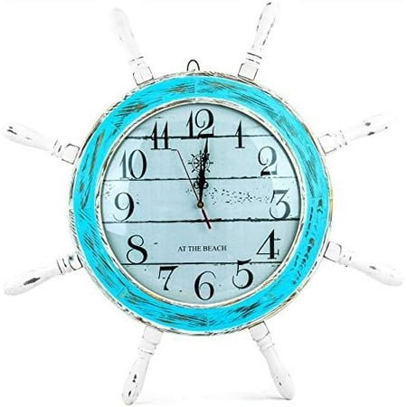 28 Inches Distressed Blue White Ship Wheel Wall Clock Nautical Coean Sea Decor$$Home Decor, Kitchen, & Other