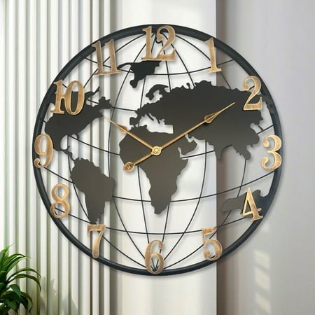 28 Oversized Vintage Globe Wall Clock - 2cm Thickened Metal Frame, Silent Non-Ticking World Map Decor (Industrial/Retro Style) for Living Room, Office & Bedroom | Home Decoration