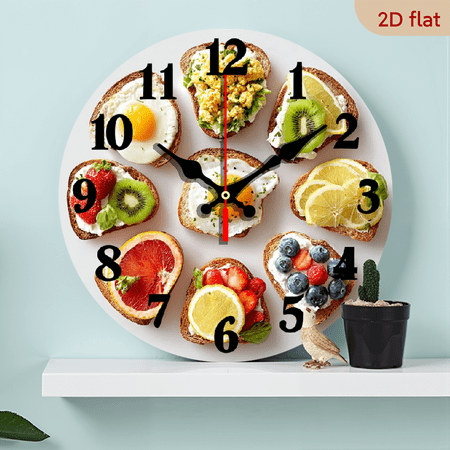 2D Flat 1pc 10Inch Food-Themed Wooden Wall Clock with Creative Toast Breakfast Pattern Design, Battery-Powered Silent Clock, Suitable for Living Room, Bedroom, Kitchen, Office Decoration