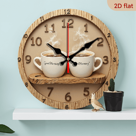 2D Flat 1pc 10Inch Rustic Wooden Wall Clock with Coffee Cup Design - Silent, Battery Operated (AA Not Included) - Ideal for Home, Office, Living Room, Kitchen, Garden, and Outdoor Decor