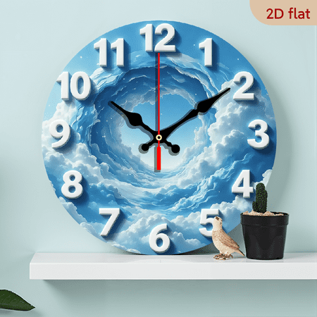 2D Flat 1pc 10Inch Sky Wave Wooden Wall Clock with Blue Clouds, White Clouds Red Hands - Modern Minimalist, Japanese Quartz Movement, Manual Chime, Battery-Powered (AA Battery Not Included)
