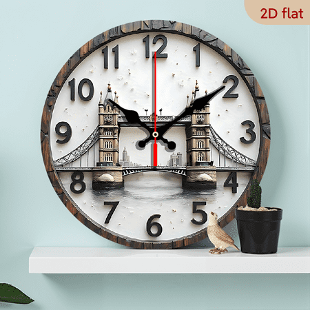 2D Flat 1pc 10Inch Tower Bridge of London Wall Clock - Artistic Wooden Silent Movement Clock with Roman Numerals Round Battery Operated (AA Not Included) for Cozy Bedroom Office Decor