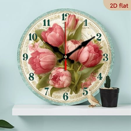 2D Flat 1pc 10Inch Tulip-Themed Wooden Round Wall Clock - Pink Dutch-Inspired Farmhouse Decor with Large White Hands, Golden-Tone Numbers, 10 Inch (NoTicking Noise) - Easy-to-Read