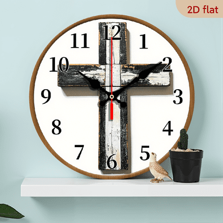 2D Flat 1pc 10Inch Vintage Wooden Cross Wall Clock with Distressed Finish Rustic Black and White Design, Silent Movement, Perfect for Living Room, Bedroom, Kitchen, or Office Decor, Ideal Valentine'S