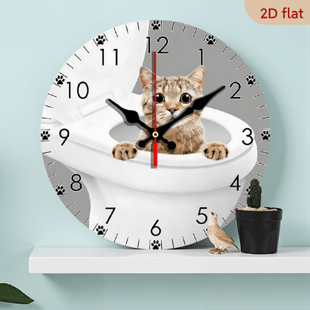 2D Flat 1pc 10Inch Wooden Adorable Kitty Cat Peeking from Toilet Bathroom Wall Clock Powder Room Home Decor Cat Pet Shop Funny Wall Art Modern Wall Watch