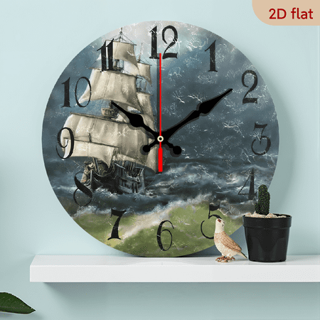 2D Flat 1pc 10Inch Wooden Old Ship in The Sea Vintage Round Wall Clock Non Ticking Silent Battery Operated Decorative Clock for Living Room Home Office Decor