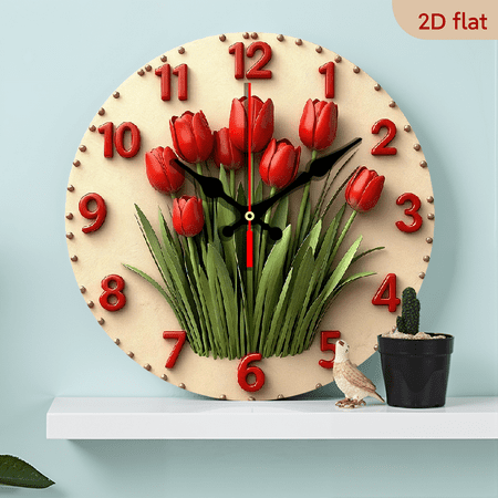 2D Flat 1pc 10Inch Wooden Red Tulip Wall Clock with Large White Numerals Beige Face - Dutch-Inspired Dutch Tulip Mechanism, Swiss Movement, 10Inch Wooden Round Clock for, Office, Room