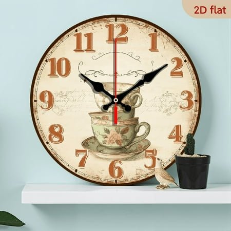 2D Flat 1pc 10Inch Wooden Round Wall Clock - French Caf Theme with Silent Non-Ticking Movement, Vintage Teacup Floral Design, Rustic Home Decor for Kitchen, Living Room, Bedroom
