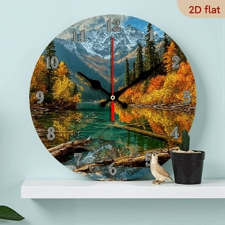 2D Flat 1pc 10Inch Wooden Silent Non-Ticking Wooden Wall Clock with Autumn Mountain Lake Landscape Design - 20cm Round Battery Operated for Living Room, Kitchen, Office, Closet, Guest Room Decor