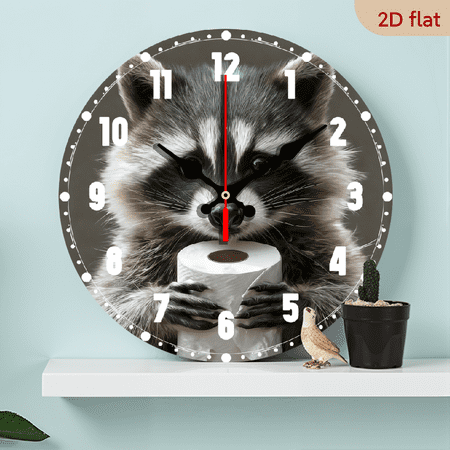 2D Flat 1pc 10Inch Wooden Silent Wall Clock Raccoon holding toilet paper Quartz Clocks Square Clock Analog Clock for Bedroom, Room, Bathroom, Idea Christmas, Thanksgiving, Birthdays, New Ye