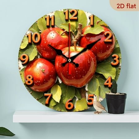 2D Flat 1pc 10Inch Wooden Style Vintage Apple Wall Clock - Quartz Movement, Silent, Wooden Frame with Fresh Apple Leaf Design, 12-Hour Display, No Battery Included, Ideal for Home Decor