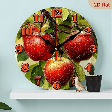 2D Flat 1pc 10Inch Wooden Style Vintage Apple Wall Clock - Quartz Movement, Silent, Wooden Frame with Fresh Apple Leaf Design, 12-Hour Display, Ideal for Home Decor, Living Room