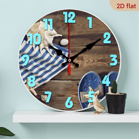 2D Flat 1pc 10Inch Wooden Umbrella and Sandals Beach Clock Large Wall Clock Decorative Round Ocean Clock Home Decor Novelty Clock Beachy Ocean Clock