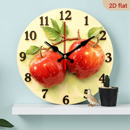 2D Flat 1pc 10Inch Wooden Vintage Apple Design Wall Clock - Silent Quartz Movement, Round Manufactured Wood, Ideal for Home Decor in Living Room, Kitchen, Dorm - AA Battery Not