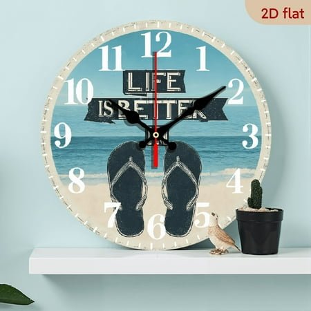 2D Flat 1pc 10Inch Wooden Vintage Life is Better Flip Flops Summer Seaside Clock Painted Silent Non-Ticking Round Wall Clock Home Art Bedroom Living Dorm Room Decor