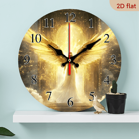 2D Flat 1pc 10Inch Wooden wall clock with Golden angel gate pattern design, suitable for living room, bedroom, kitchen, office decoration, modern home art decoration, wall decoration, Thanksgiving