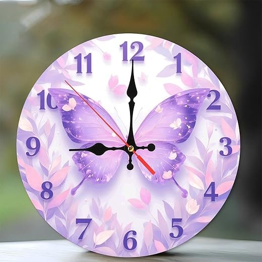 2D Purple Butterfly Wall Clock Lavender Floral Design Home Decor Wall Clock, Silent Non Ticking Battery Operated, Clock Decorative for Home Kitchen Living Room Office Bathroom Bedroom(10 Inch)