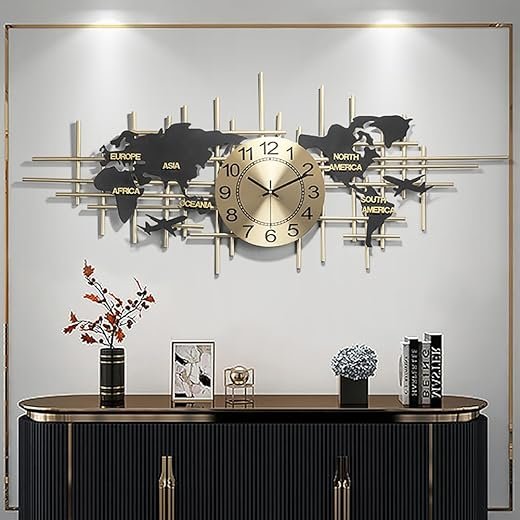 37.8" Modern 3D World Map Wall Clock - Bronze Gold, Silent Battery Operated Decorative Metal Clock, Handmade Iron Art (Style A)