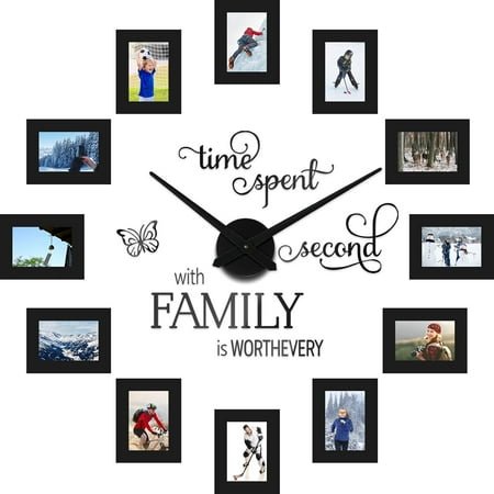3D Large Family Collage Photo DIY Wall Clock, 5 Inch Paper Photo Frame DIY Clock Modern Decor Family Quote Wall Stickers Kit for Home Living Room Bedroom Office Decorations(Black)