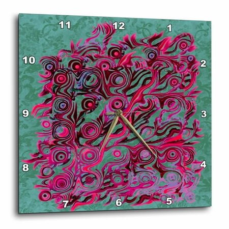 3dRose, Abstract tree roots in hues of pink magenta and wine on teal green damask background, 10x10 Wall Clock
