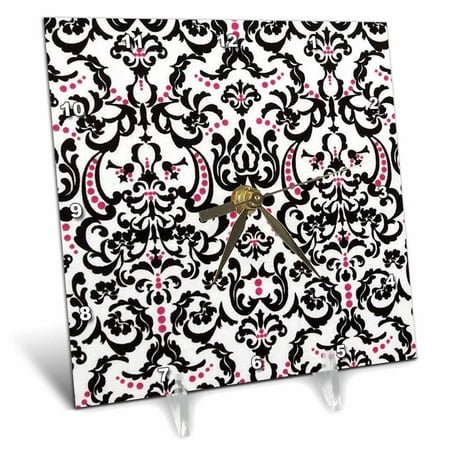 3dRose, Black White n Hot pink Barque Damask, 6x6 Desk Clock