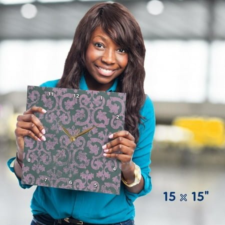 3dRose, Grunge pink and grey damask - dark gray - faded fancy Victorian wallpaper swirls - vintage classic, 15x15 Wall Clock